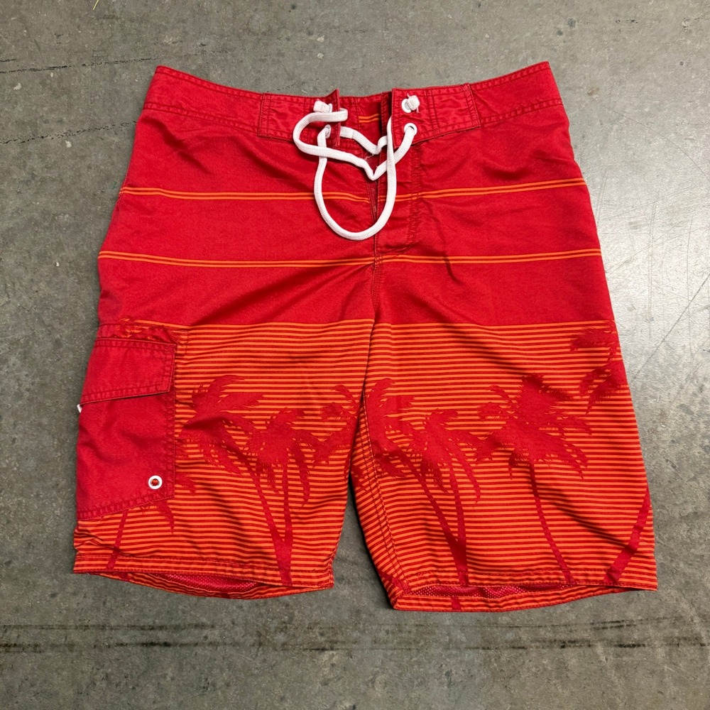 Old Navy Mens Red Orange Palm Tree Striped Board Shorts Swim Trunks Size M